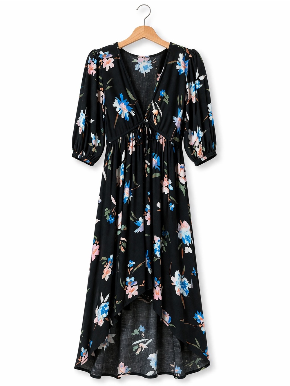 O’Neill Black Floral High Low Midi Dress Boho V Neck Flowy Medium